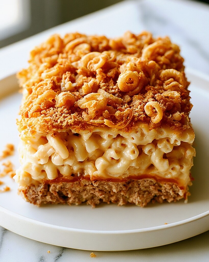 A sliced portion of mac and cheese meatloaf on a white plate showing distinct beef and pasta layers