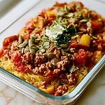 Finished spaghetti squash and turkey meal-prep bowl topped with cheese and fresh herbs