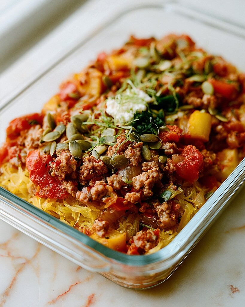 Finished spaghetti squash and turkey meal-prep bowl topped with cheese and fresh herbs