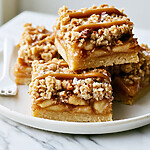 Sliced brown butter apple pie bars stacked on a white plate with caramel drizzle