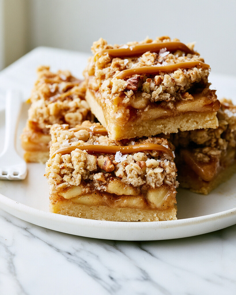 Sliced brown butter apple pie bars stacked on a white plate with caramel drizzle