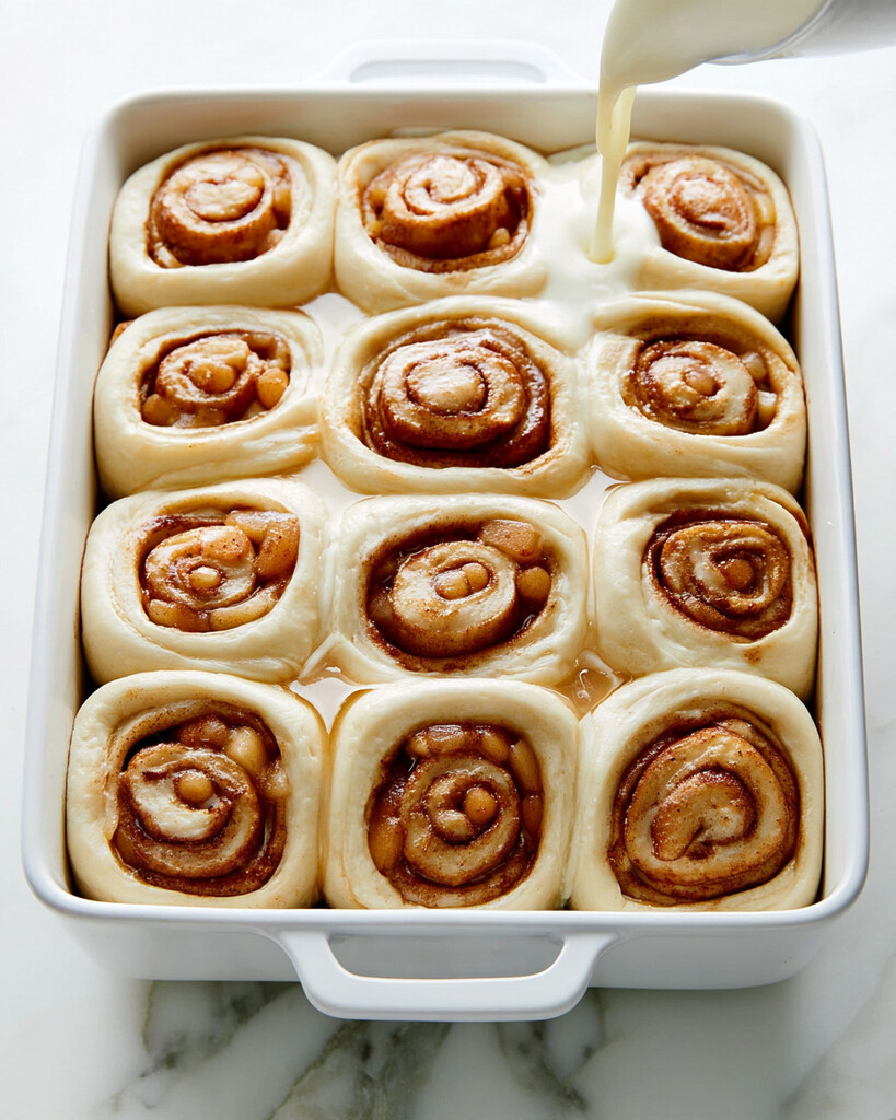 Cream being poured over raw puffed cinnamon rolls in a white baking dish