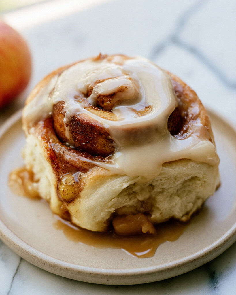 A single frosted cinnamon roll on a ceramic plate with caramel pooling at the base
