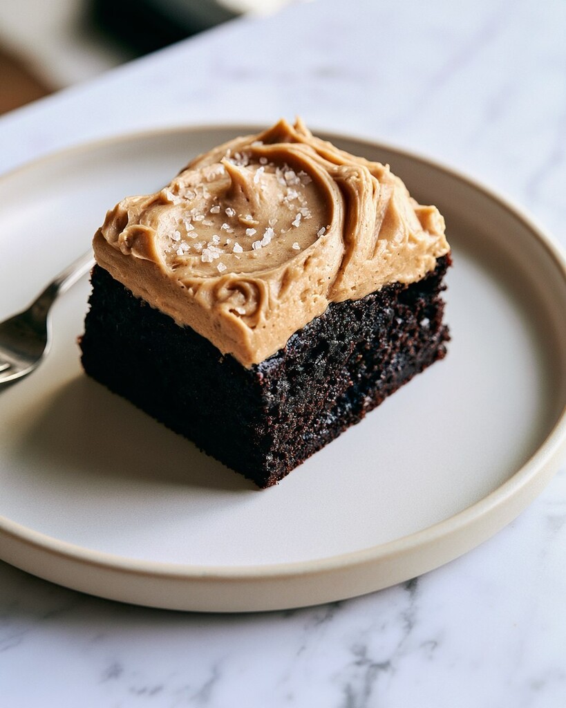 Single slice of dark chocolate espresso cake with salted frosting on a light plate