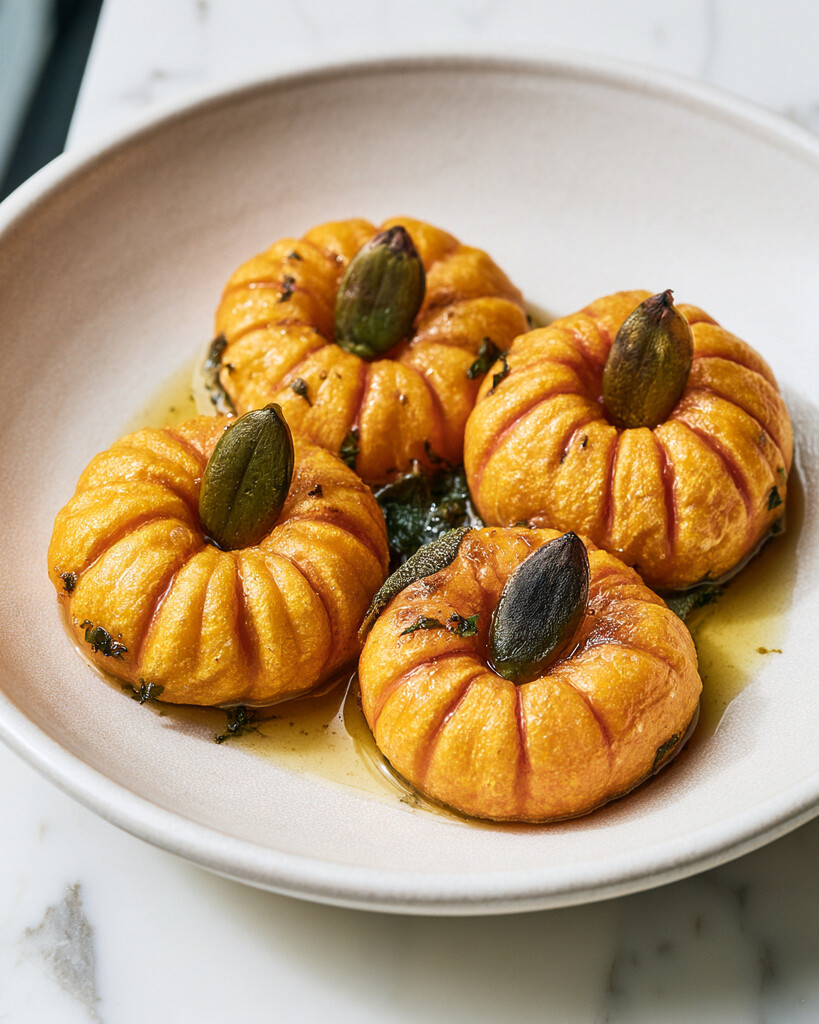 Plated pumpkin-shaped gnocchi with golden seared ridges, brown butter, fresh sage leaves, and vertical roasted pepita stems