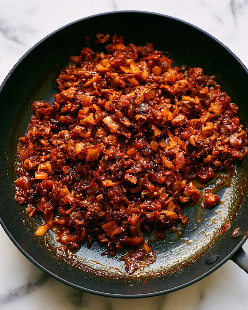Finely chopped kimchi cooking down into a sticky, dark red glaze inside a black skillet