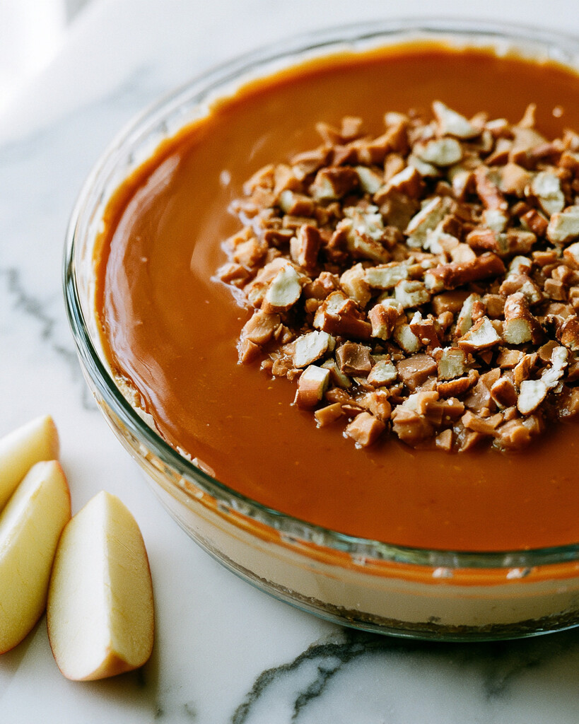 Caramel apple dip with toffee and pretzels in a glass dish showing a glossy caramel top and apple wedges