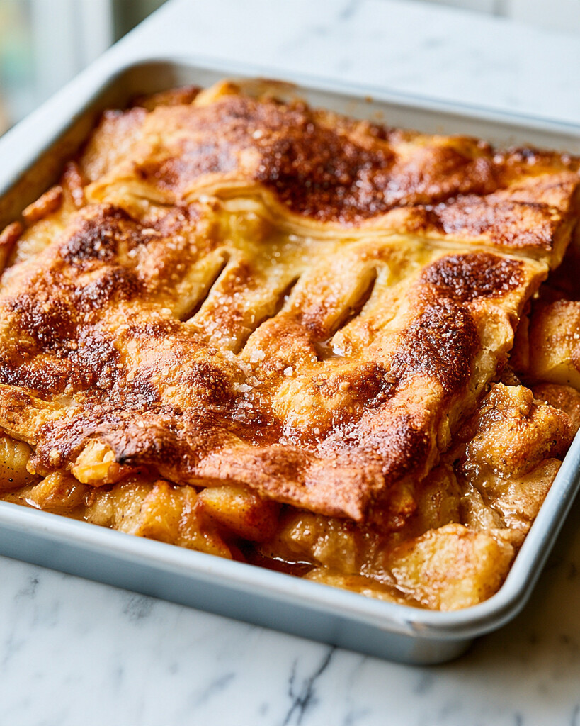 Caramelized maple-glazed apple pan dowdy with broken golden pastry squares in bubbling sauce