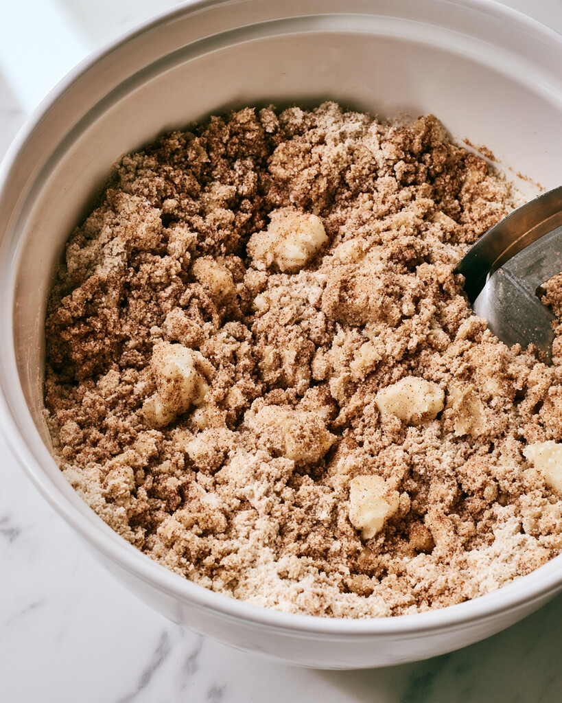 Spiced flour mixture in a white bowl with coarse crumbs and visible cold butter pieces