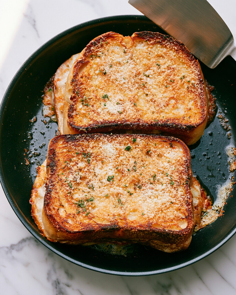 Two grilled cheese sandwiches browning in a black skillet with golden herb flecked parmesan crusts