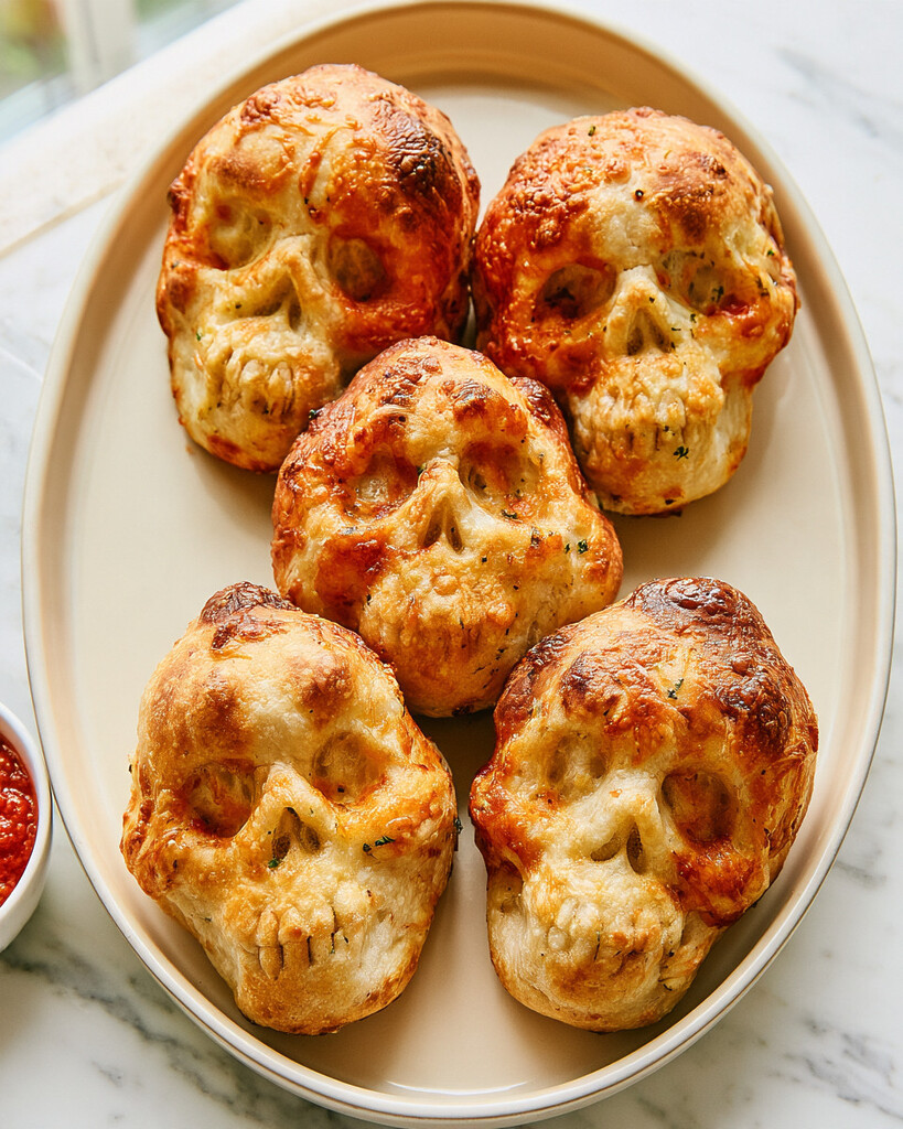 Five golden brown pizza skulls arranged on a white oval platter next to a bowl of red dipping sauce
