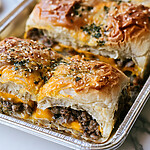 Garlic-butter cheeseburger sliders baked in a metal sheet pan with golden sesame buns and melted cheddar cheese