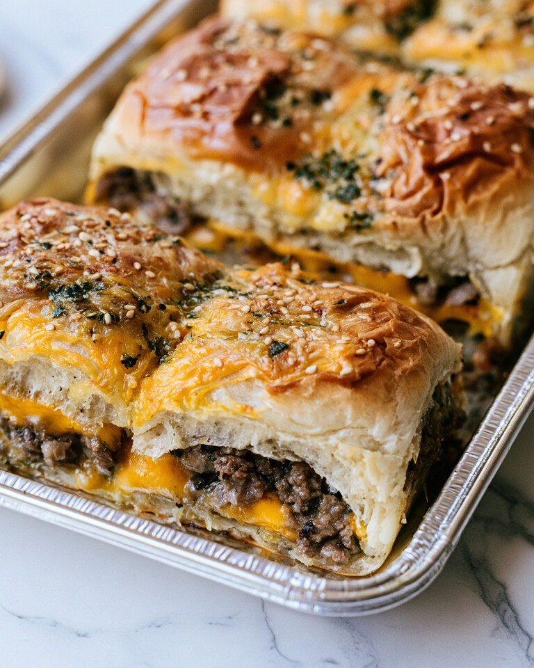 Garlic-Butter Cheeseburger Sliders for a Crowd Garlic-butter cheeseburger sliders baked in a metal sheet pan with golden sesame buns and melted cheddar cheese