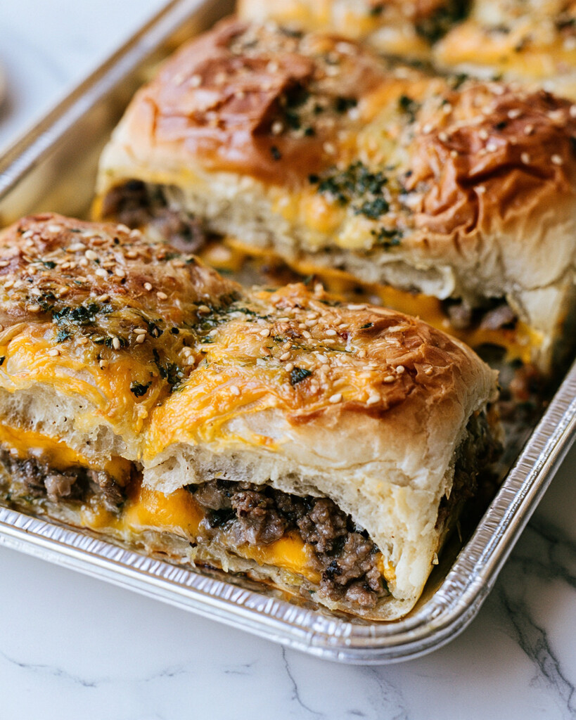 Garlic-butter cheeseburger sliders baked in a metal sheet pan with golden sesame buns and melted cheddar cheese