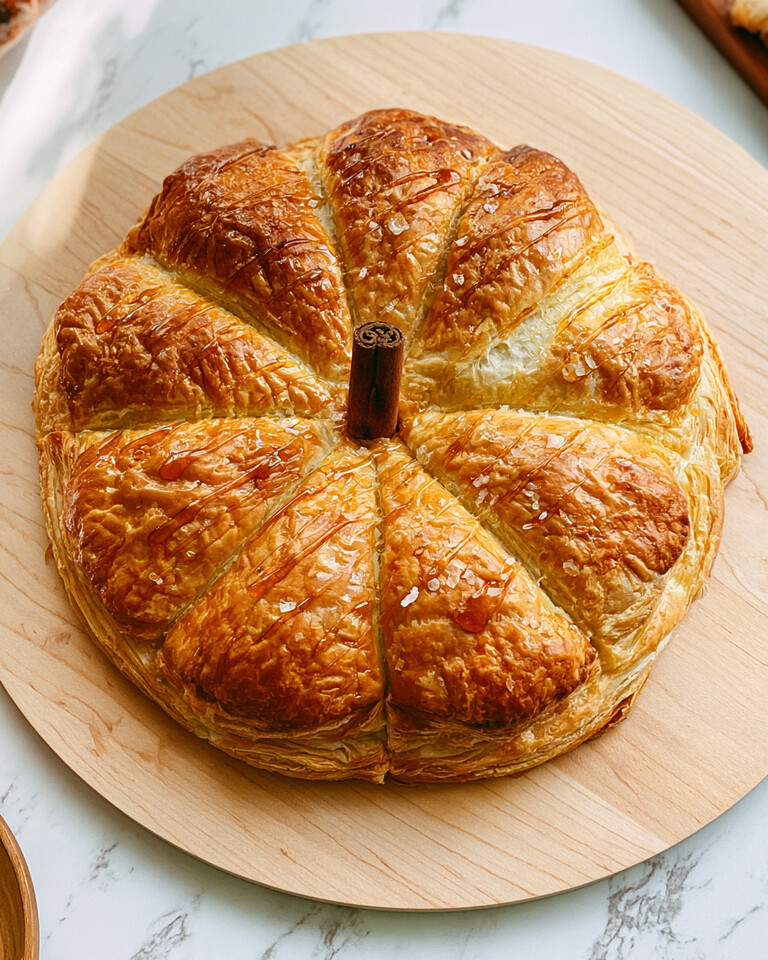 Hot Honey Pumpkin Butter Baked Brie in Flaky Puff Pastry Golden pumpkin-shaped hot honey pumpkin butter baked brie topped with a cinnamon stick stem and flaky sea salt