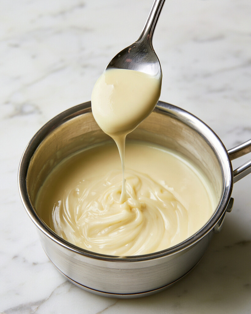 Thick, pale yellow sweet potato custard inside a metal saucepan flowing slowly off a spoon