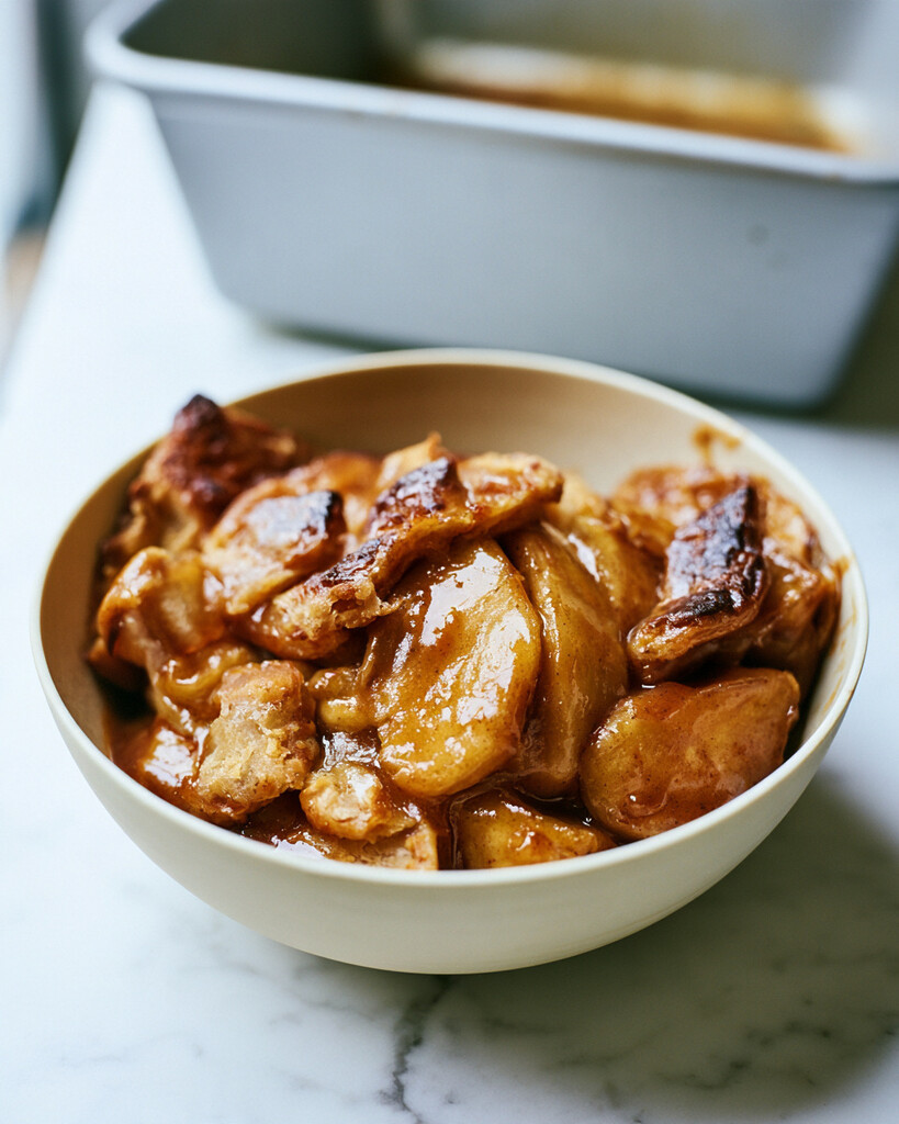 Maple-glazed apple pan dowdy in a ceramic bowl with sliced apples, browned pastry pieces, and glossy maple sauce