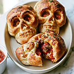 One opened pizza skull revealing melted cheese, sausage, and pepperoni inside a white dish