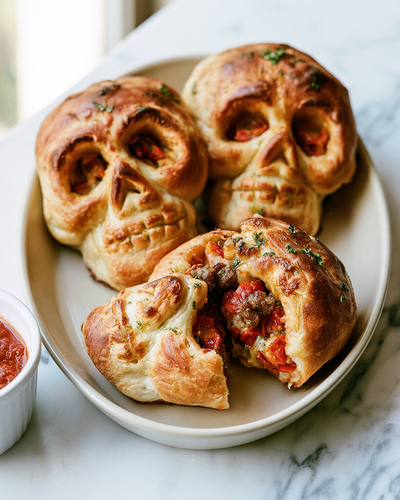 One opened pizza skull revealing melted cheese, sausage, and pepperoni inside a white dish