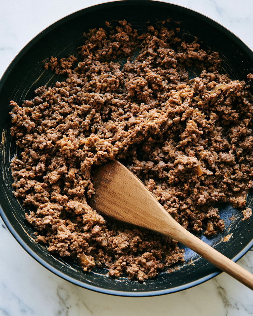 Ground beef and chopped onions browning in a black skillet