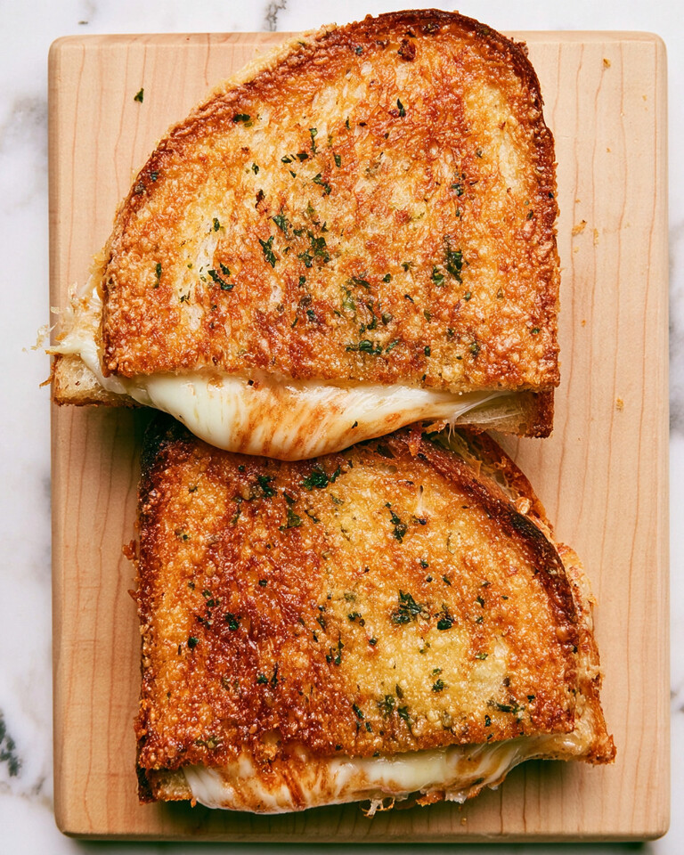 Garlic Bread Grilled Cheese with a Parmesan Crust Two garlic bread grilled cheese sandwiches on a wooden board featuring crispy golden parmesan crusts and melted white cheese spilling from the edges
