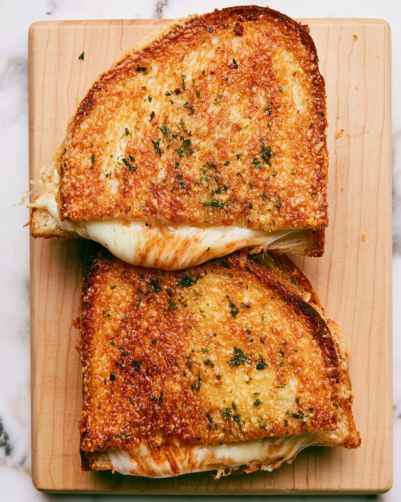 Two garlic bread grilled cheese sandwiches on a wooden board featuring crispy golden parmesan crusts and melted white cheese spilling from the edges