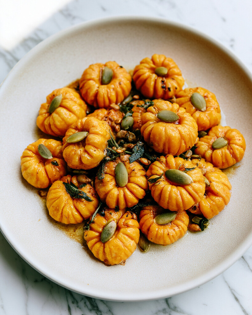 Seared pumpkin-shaped gnocchi with crisp golden ridges and scattered pumpkin seeds in a ceramic dish