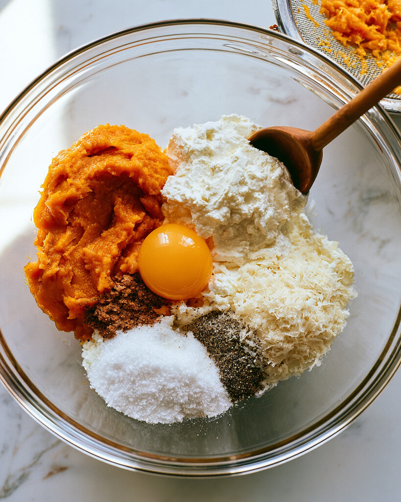 Large glass bowl holding pumpkin puree, whole milk ricotta, grated Parmesan, an egg, salt, nutmeg, and black pepper