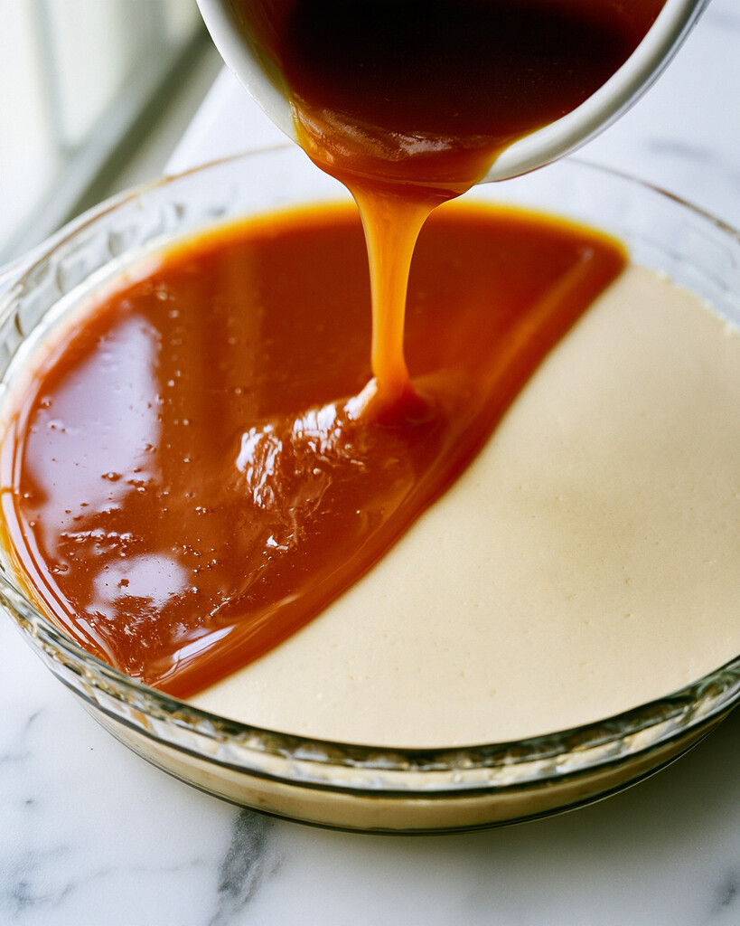 Pouring warm caramel over the pale cream cheese layer in a glass serving dish