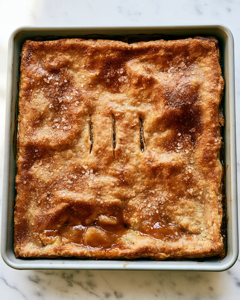 Dark golden baked pie crust with four center steam vents in a square pan before breaking