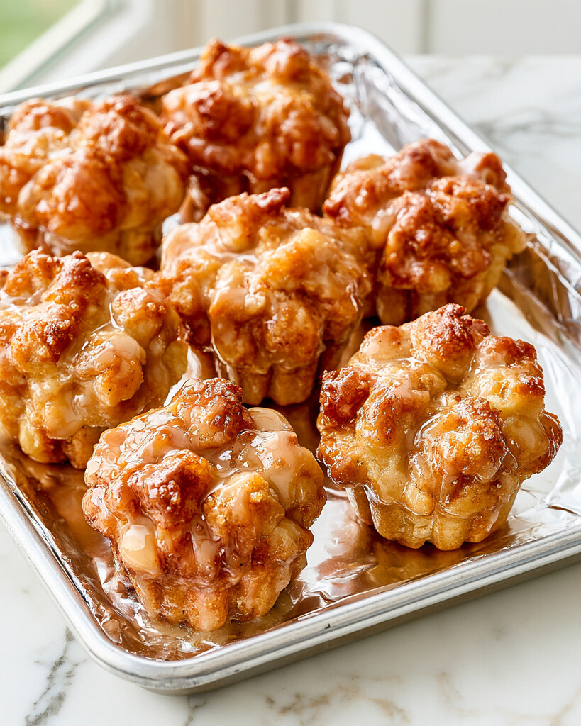Golden baked apple fritters on a foil-lined sheet pan with a glossy caramelized glaze