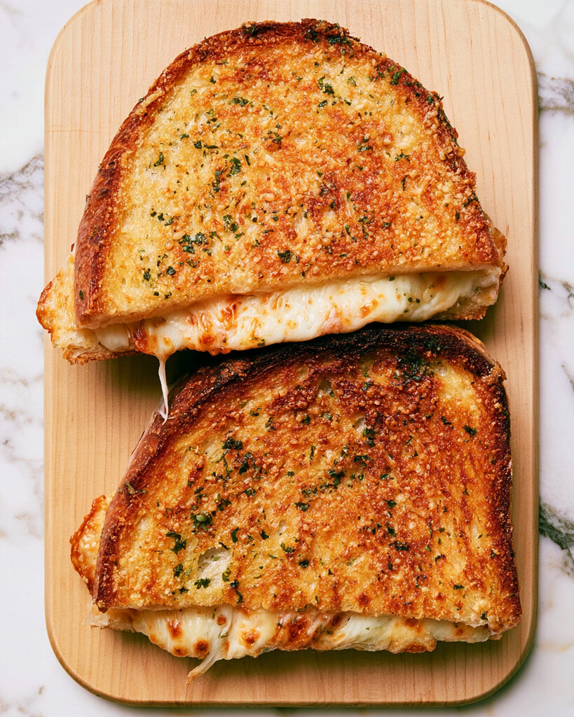 Top-down view of a halved garlic bread grilled cheese on a wooden board with melted cheese oozing out
