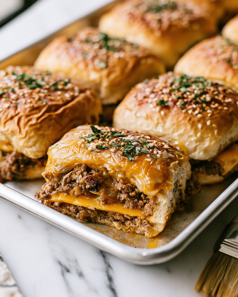 Pulled-apart cheeseburger sliders showing thick ground beef filling and melted sharp cheddar cheese