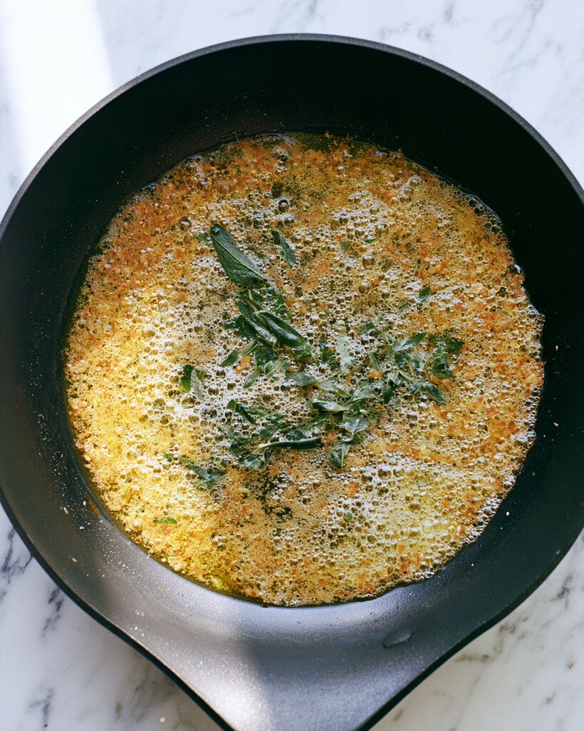 Golden foaming brown butter bubbling around fresh sage leaves in a dark skillet