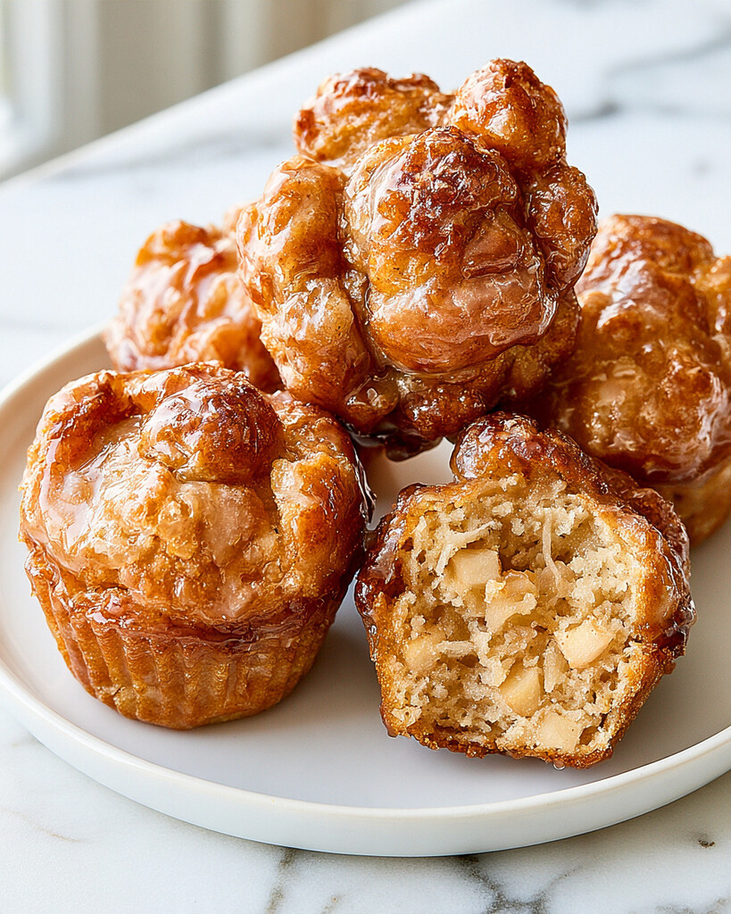 Baked apple fritters with maple-cider glaze on a white plate showing a glossy caramelized crust and apple-filled crumb
