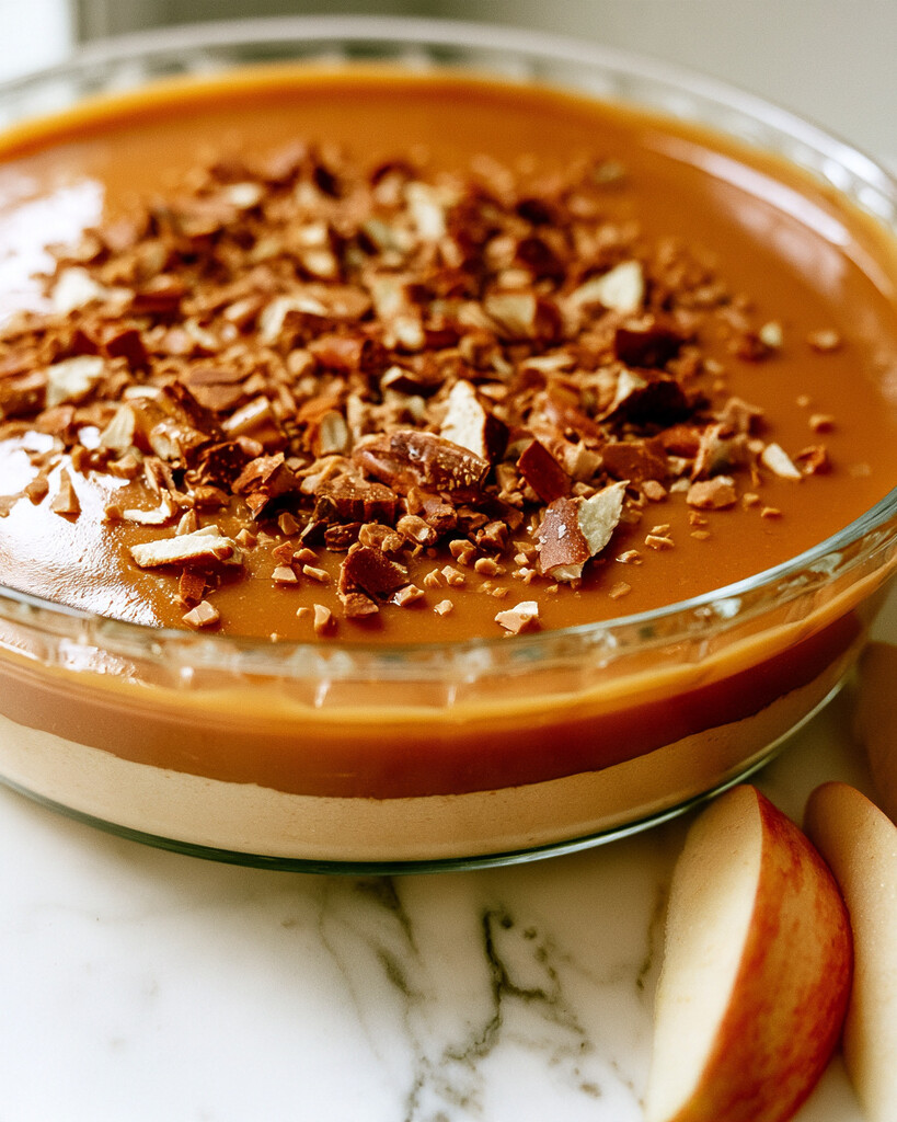 Two distinct layers of cream cheese and caramel in a glass dish topped with toffee bits and crushed pretzels