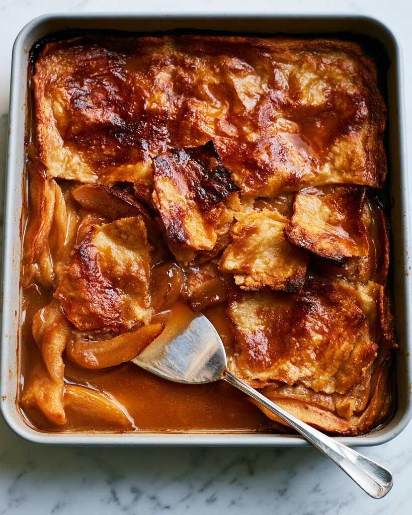 Square pan of cooled maple-glazed apple pan dowdy with a metal spoon lifting tender apples and broken crust