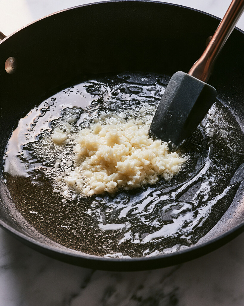 Minced garlic cooking in melted butter inside a black skillet with a silicone spatula