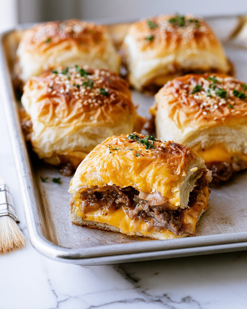 Freshly baked cheeseburger sliders with golden brown tops covered in melted garlic butter, parsley, and sesame seeds