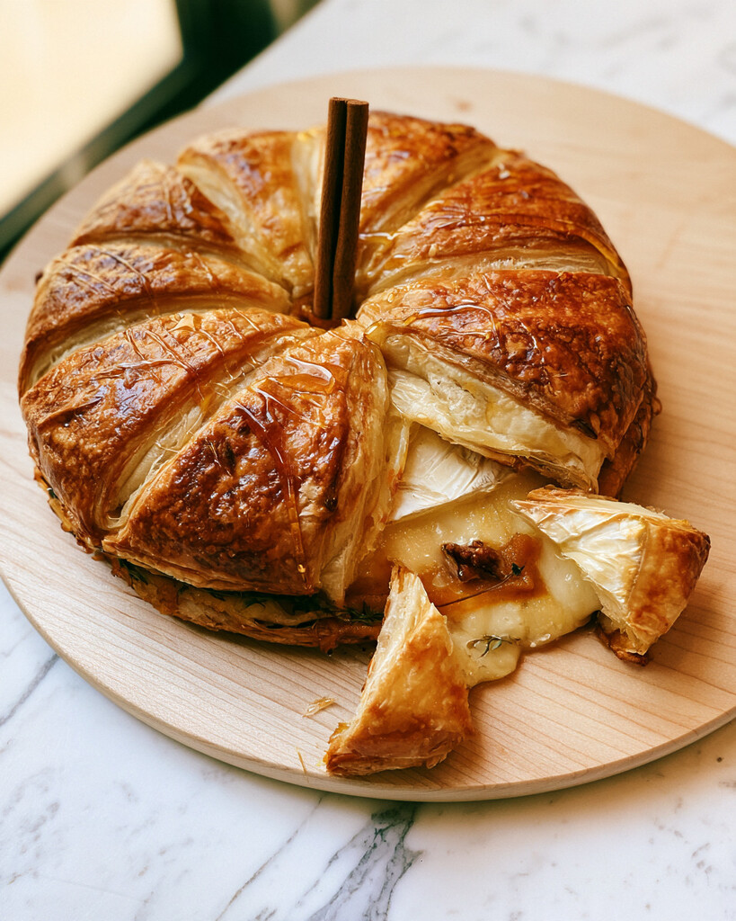 Sliced hot honey pumpkin butter baked brie revealing melted cheese inside crisp layers of golden puff pastry
