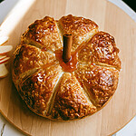 Golden pumpkin-shaped baked brie garnished with a cinnamon stick stem and glossy hot honey drizzle beside apple slices