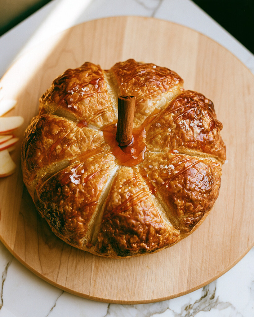 Golden pumpkin-shaped baked brie garnished with a cinnamon stick stem and glossy hot honey drizzle beside apple slices