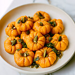Orange ridged pumpkin-shaped gnocchi garnished with sage leaves and pumpkin seeds in a light ceramic bowl