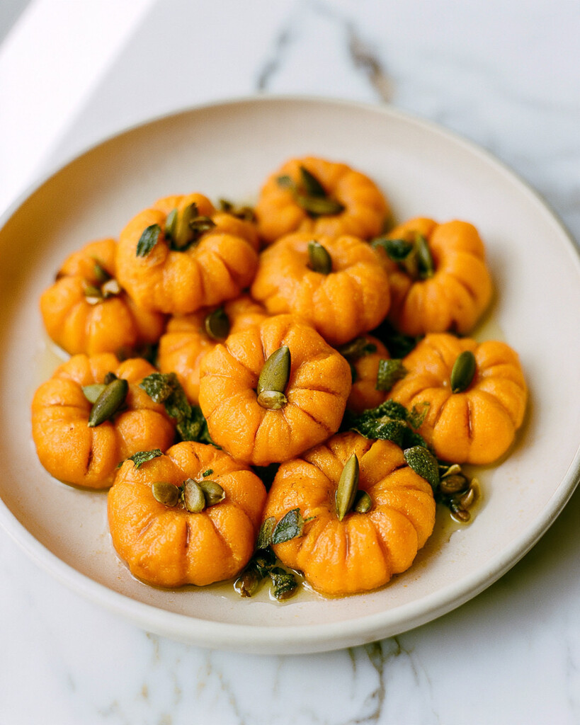 Orange ridged pumpkin-shaped gnocchi garnished with sage leaves and pumpkin seeds in a light ceramic bowl