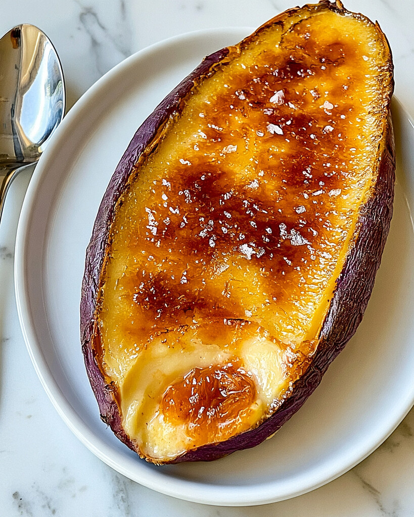 Close-up of torched Japanese sweet potato crème brûlée with a glossy amber caramel crust and flaky sea salt